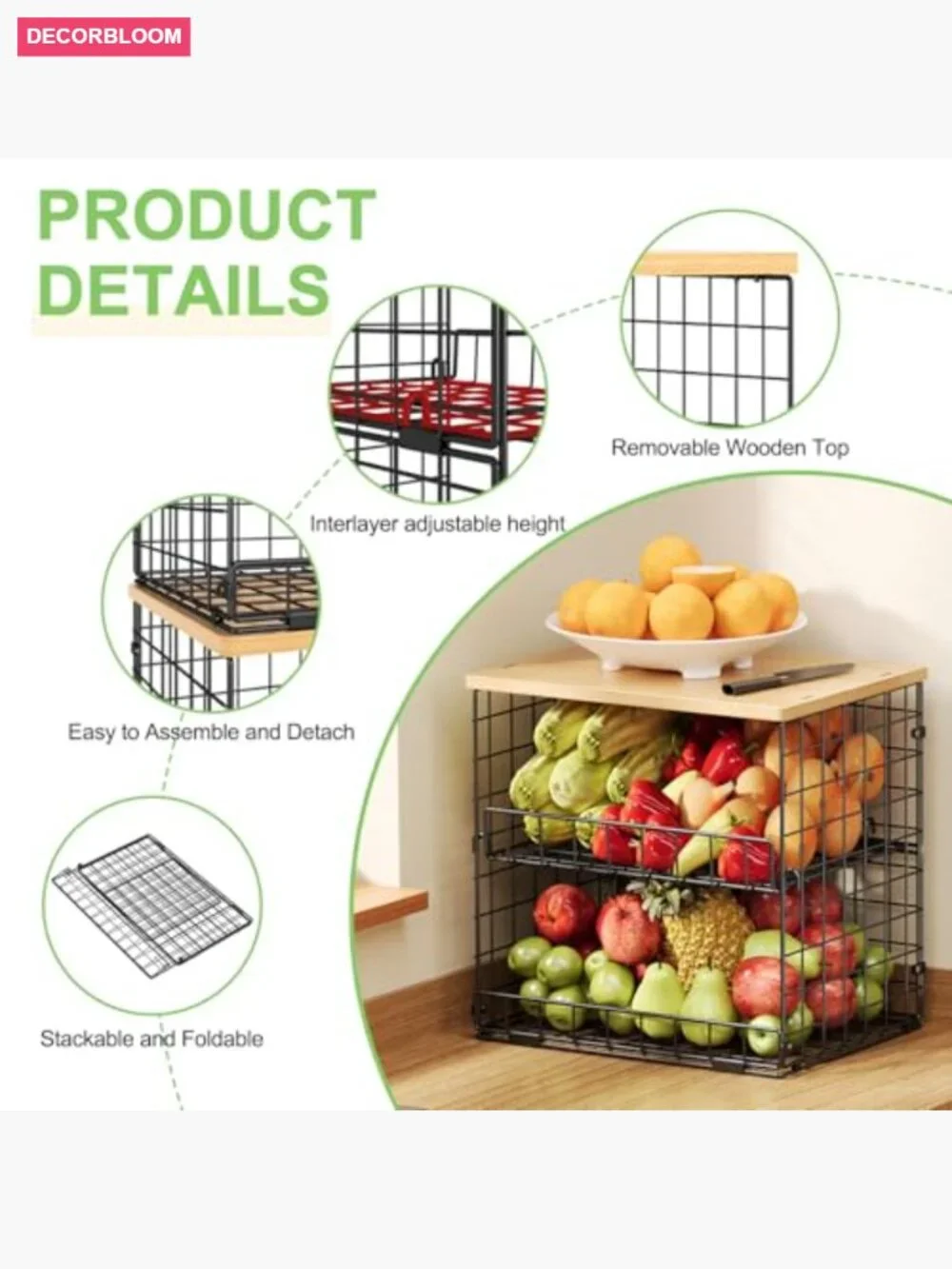 4 Pack Stackable Wire Baskets with Wooden Top for Kitchen Storage